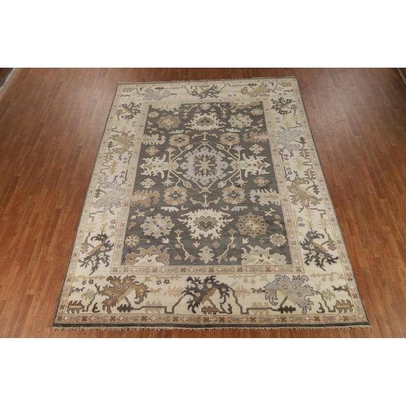 Gray Oushak Oriental Area Rug Hand-Knotted Wool Carpet - 9'0"x 11'11"