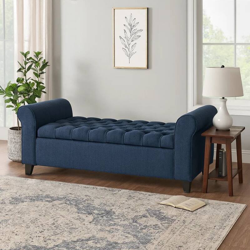 Shawn Storage Bench with Rolled Arms, 50 Inch Button Tufted, Dark Blue