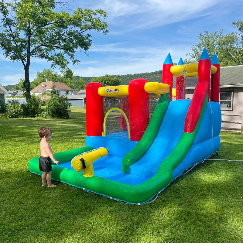 Outsunny 6-in-1 Kids Bounce House Inflatable Water Slide with Pool, Water Gun, Climbing Wall, Inflator Included
