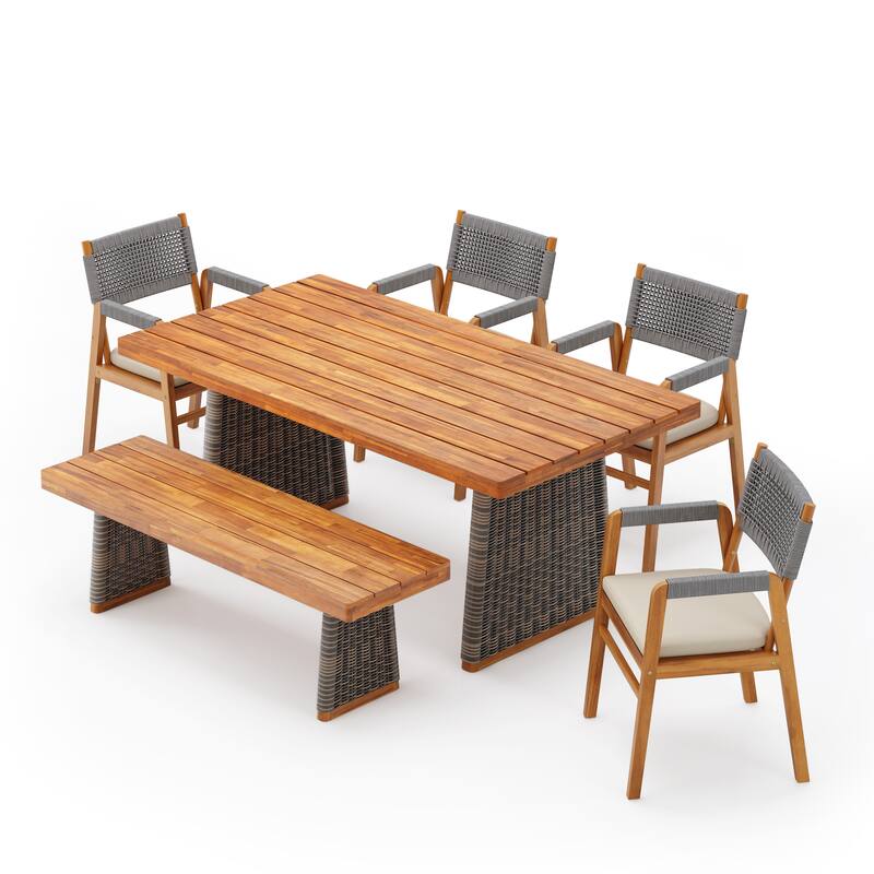 Christopher Knight Home - Tyler Outdoor Acacia Wood Dining Set with Rope Armchairs, Cushions, and Matching Bench