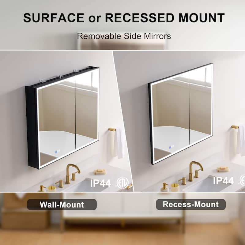 30'' H Recessed Or Surface Wall Mounted LED Mirror Cabinet With Mirror And Adjustable Shelves,Black Frame