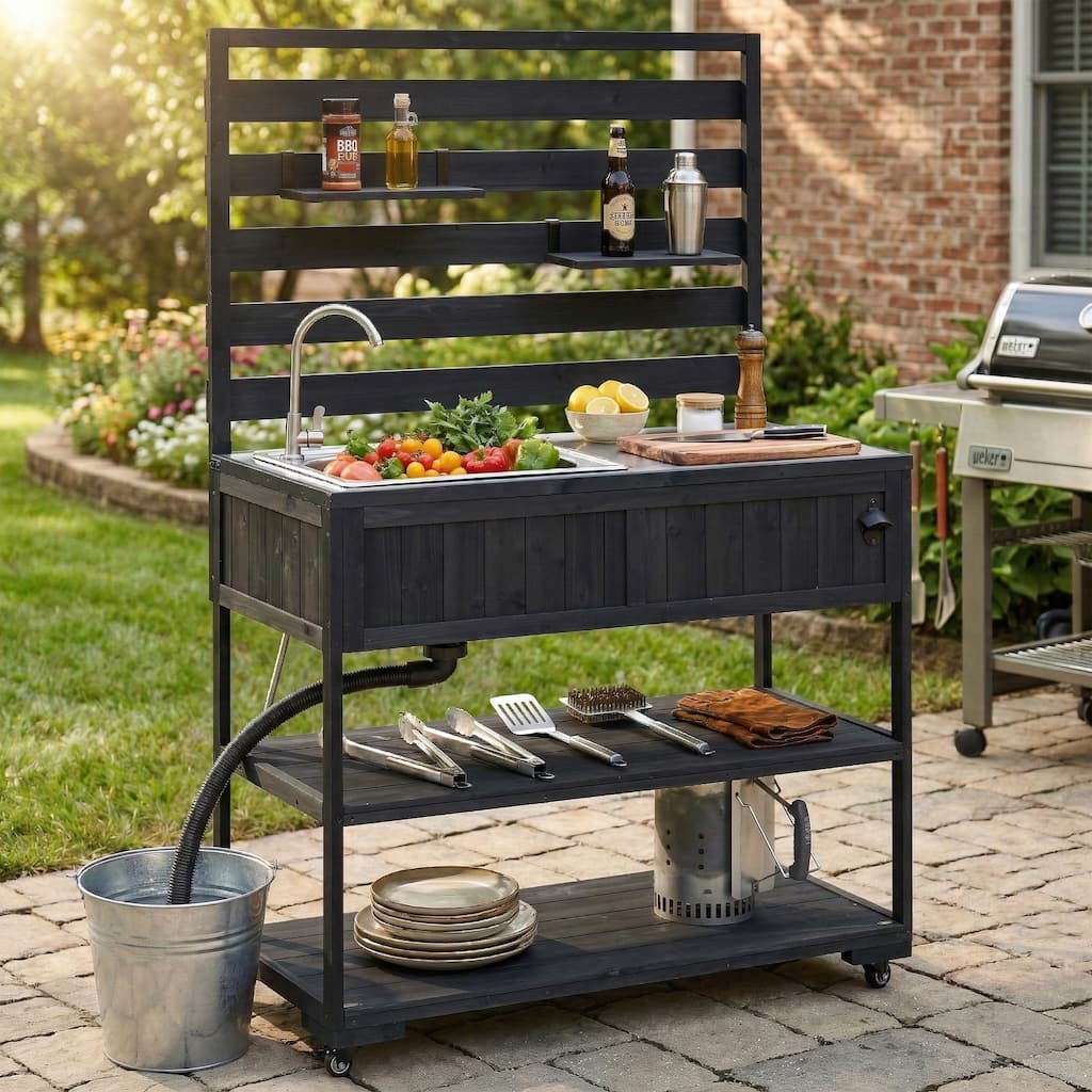 Roomfitters 41.7" Garden Potting Bench with Sink, Rolling Outdoor Potting Table, Bottle Opener, Storage Shelves, Hutch