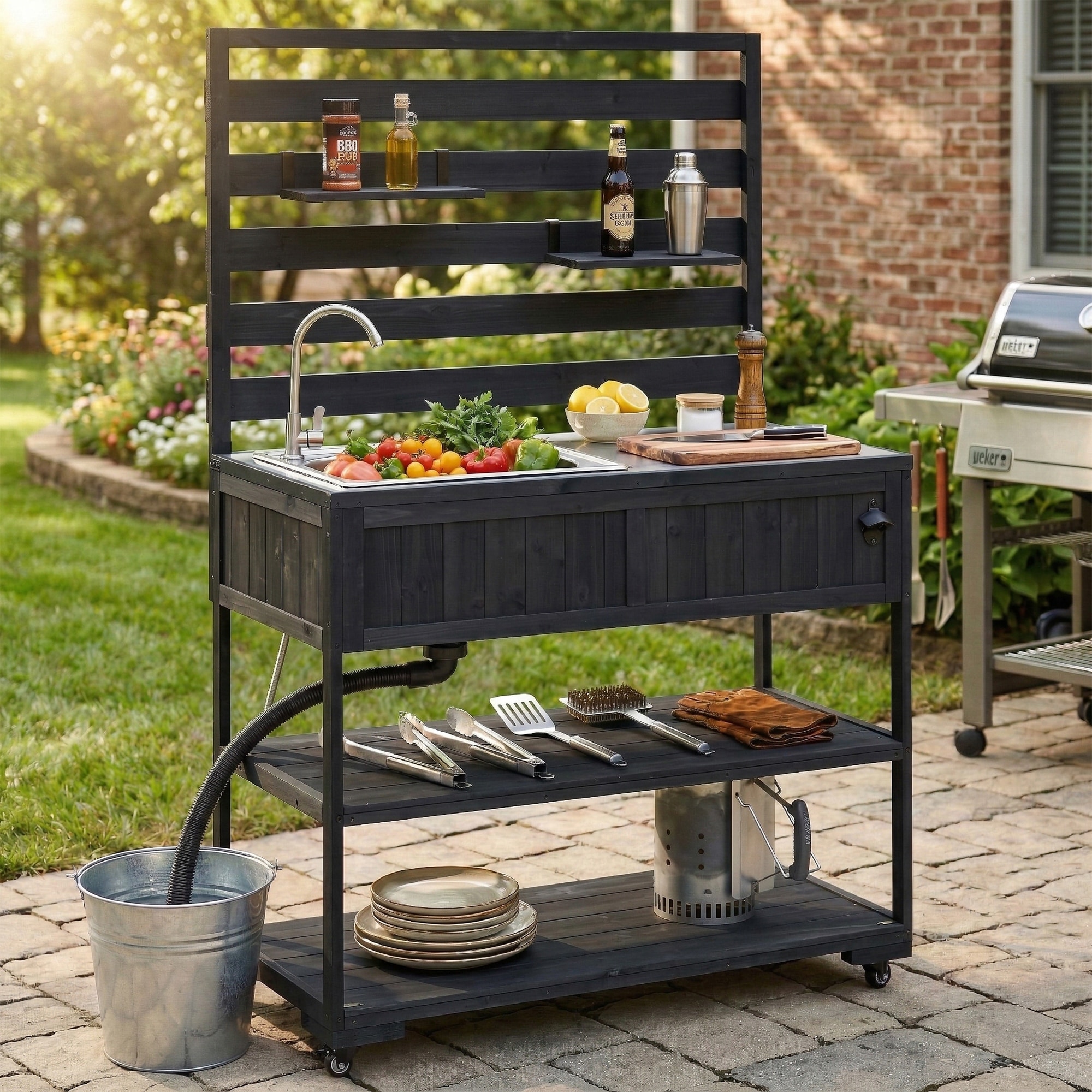 Roomfitters 41.7" Garden Potting Bench with Sink, Rolling Outdoor Potting Table, Bottle Opener, Storage Shelves, Hutch