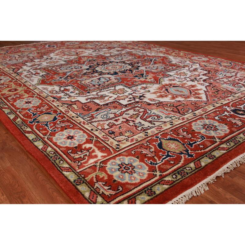 Hand Knotted Oriental 100% Wool Carpet Traditional Medallion Beige & Ivories Heriz (serapi) Area Rug - 10' 3'' X 7' 8''