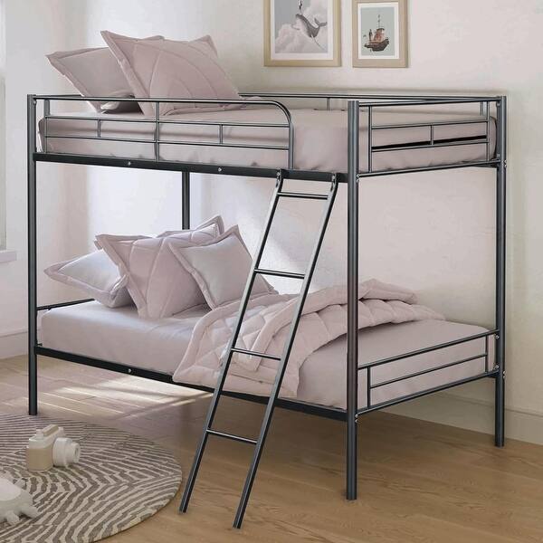 slide 2 of 15, Metal Twin over Twin Bunk Bed with Angled Ladder Black