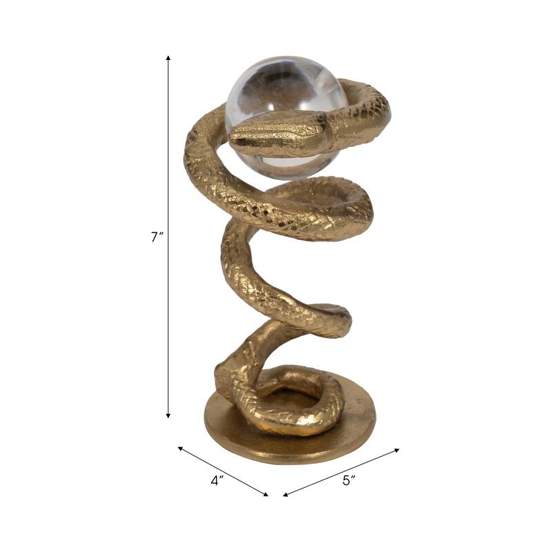 Sagebrook Home's Gold Novelty 7'' Metal Snake Coil Figurine with Acrylic Ball - 5" x 4" x 7"