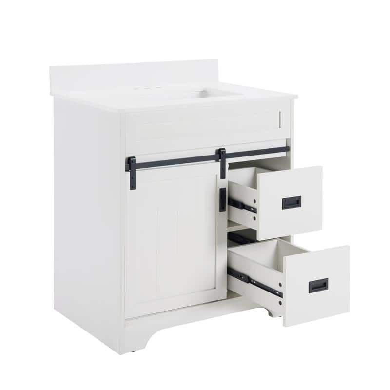Freestanding White Farmhouse Bathroom Vanity Featuring A Single Undermount Sink Combo,Sliding Barn Doors,And Two Storage Drawers