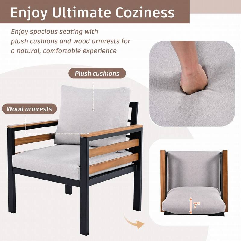 5-Person Outdoor Sofa Set with Acacia Wood Armrests and Removable Cushions