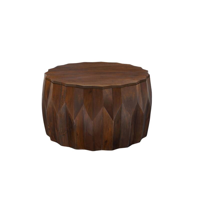 Facet 30" Diamond Carved Round Mango Wood Coffee Table - Elegant Cylindrical Base, Walnut Finish Accent Table