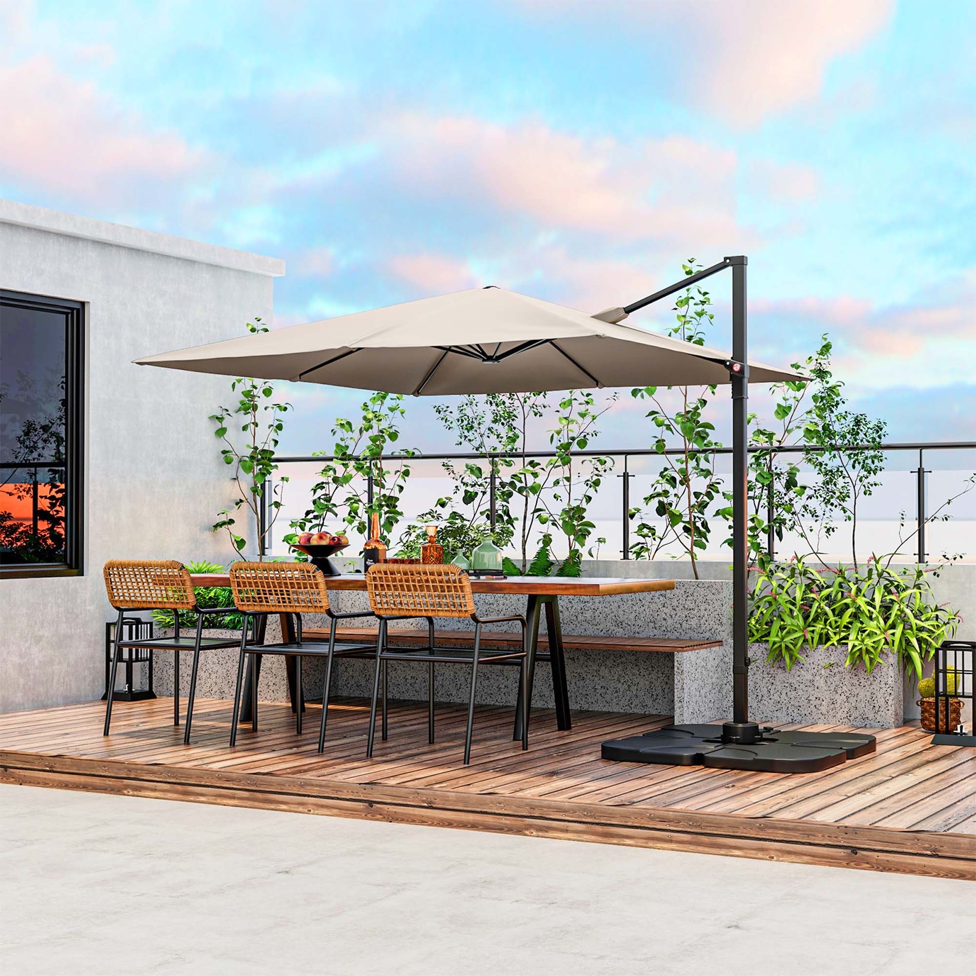 9x9 square outdoor patio hanging offset aluminum umbrella tilt 200g Outsunny 8' x 9' Cantilever with Fillable Base, Dark Grey Elevate your outdoor living space with the ultimate shade solution Mojia Cantilever Patio Umbrella with