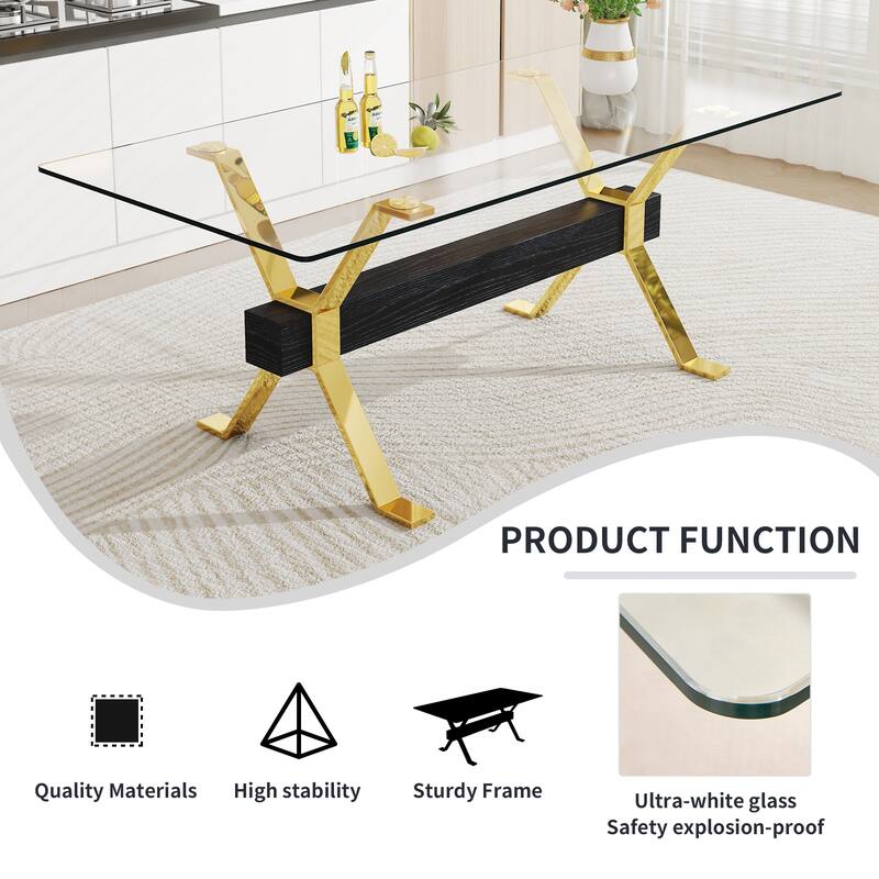 Roomfitters Large Glass Dining Table with Gold Plated Legs and MDF Crossbars for Kitchen or Office Use, Transparent