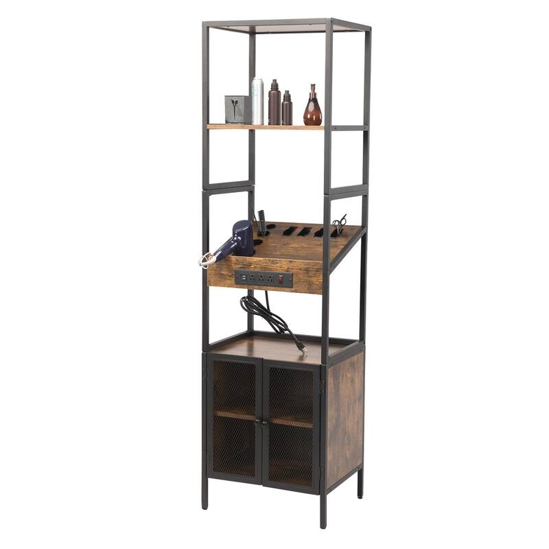 Hair Salon Storage Cabinet with Shelves and Hair Dryer Holders - N/A