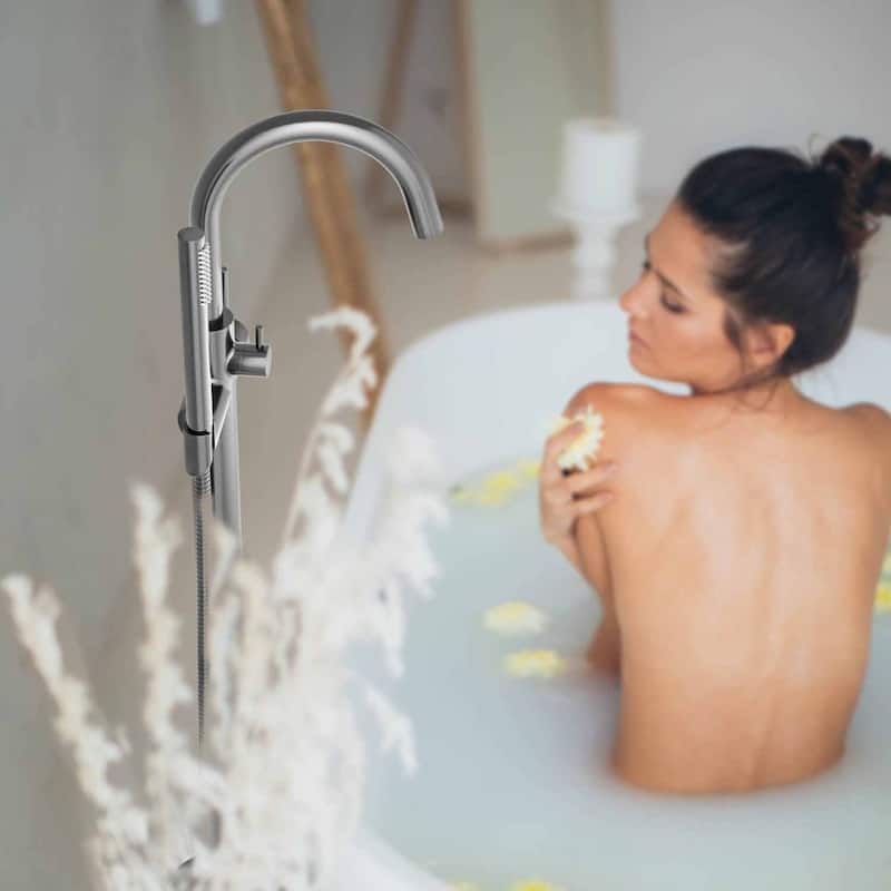 Circular Single Handle Floor Mounted Freestanding Tub Filler With Hand Shower