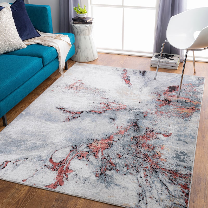 Livabliss Dahlia Abstract Marble Area Rug - Grey/Red - 7'10" x 10'