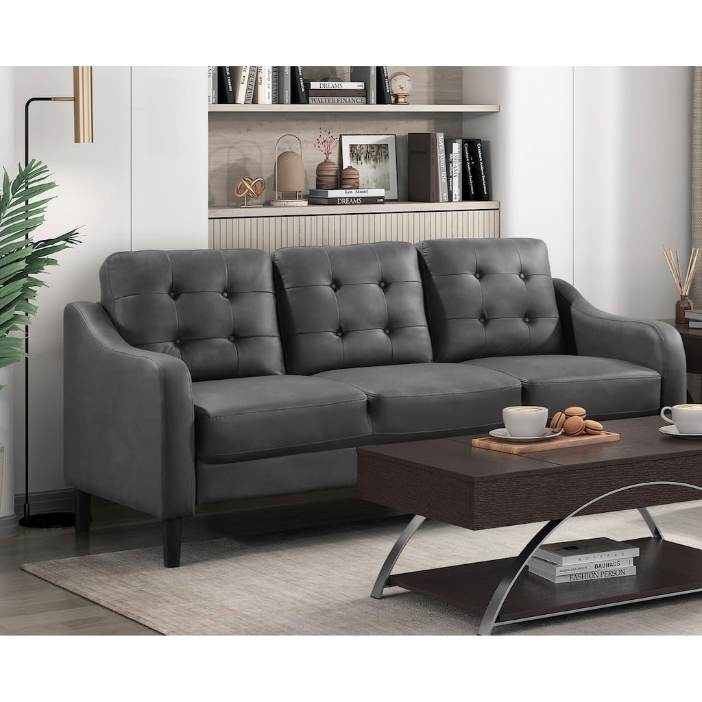 Gray Polished Microfiber Upholstered Button Tufted Sofa with Solid Wood Frame