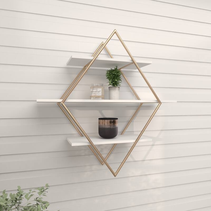 Wooden 3 Shelves Wall Shelf with Diamond Shape - Gold - Roche River Decor