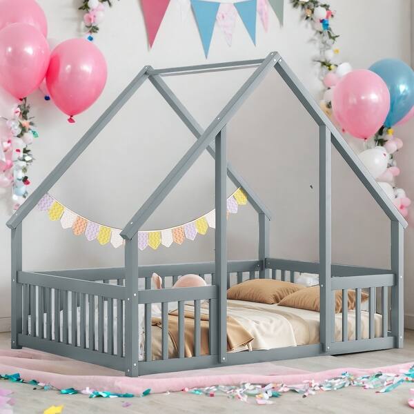 slide 2 of 34, Full Wood House-Shaped Floor Bed with Fence, Guardrails Platform Bed House Bed Grey