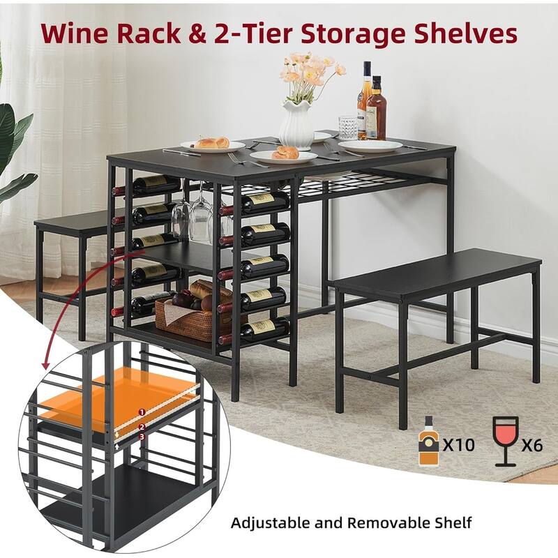 Dining Table Set with 2 Benches and Storage Shelf, Rectangular Table for Small Dining Area or Apartment