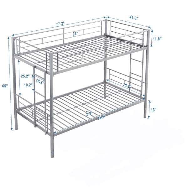 Silver Twin over Twin Size Metal Bunk Bed with Ladder and Fence for for Bedroom, Kids, Boys and Girls