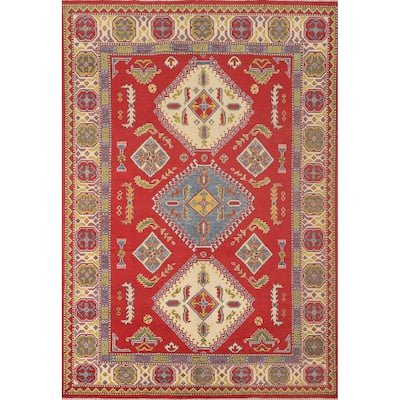 Geometric Red Kazak Area Rug Hand-Knotted Wool Carpet - 5'5" x 8'0"