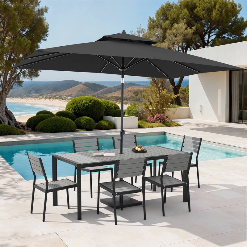 Set of 9 Outdoor Patio Dining Set WoodLike Aluminum Umbrella Hole Table with Stackable Chairs, Market Umbrella Set - GreyTable&BrownChairs&BlackUmbrella
