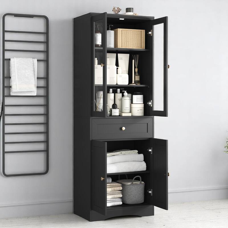Freestanding Bathroom Cabinet with Glass & Solid Doors, Adjustable Shelf & Drawer, Tall Black MDF Storage Unit