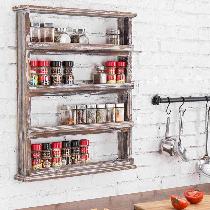 Rustic Torched Wood Wall Hanging Spice Rack, 4 Tier Seasoning Jar