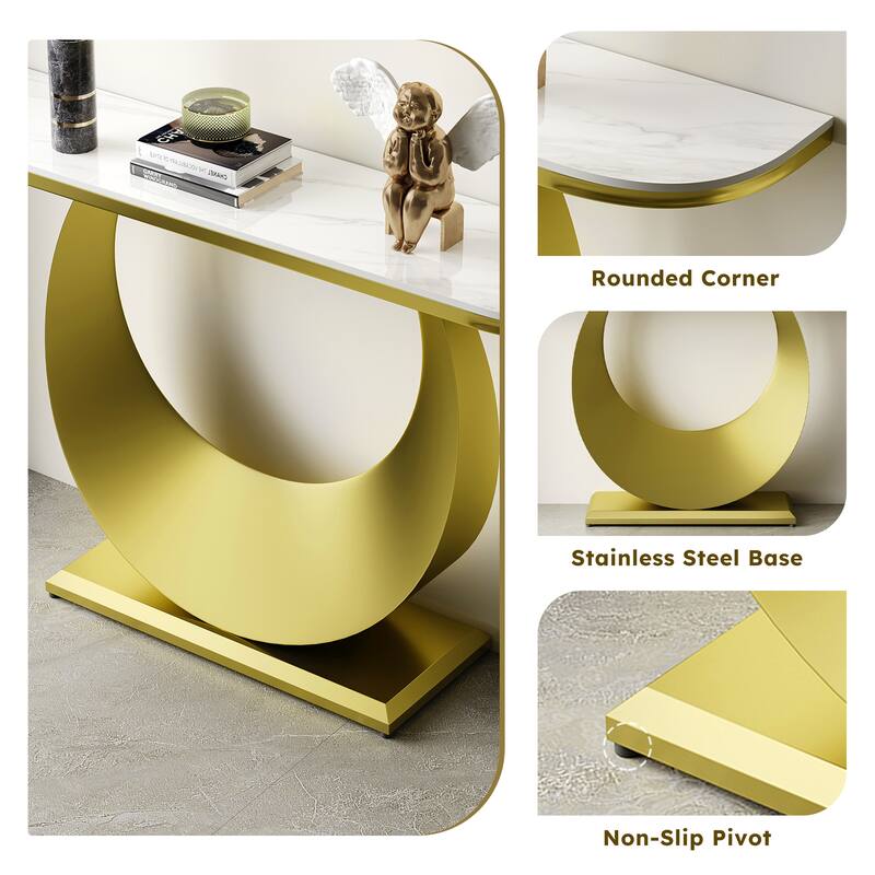47 Inch Half-Console Table with Faux Marble Top & Gold Metal Base, Modern Narrow Entryway Table for Hallway & Living Room