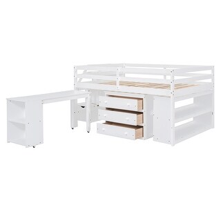 Full Loft Bed with Retractable Desk & Guardrails - Multi-Functional