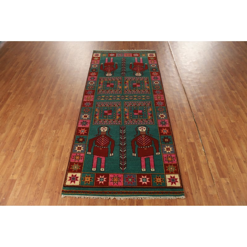 Hand Knotted Oriental 100% Wool Carpet Traditional Tribal Green Heriz (serapi) Runner Rug - 9' 10'' X 4' 2''