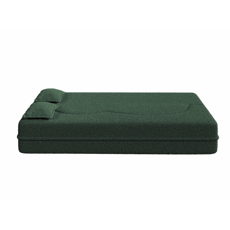 Convertible Green Teddy Fabric Foam-Filled Floor Sofa Bed with 2 Pillows, No Assembly Required