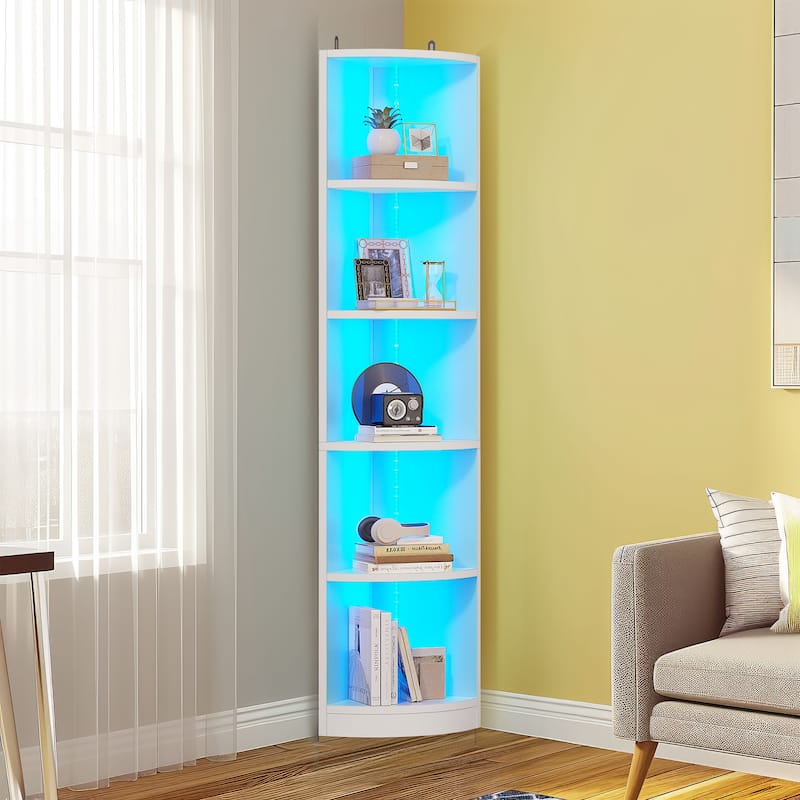Herrell Wood 5-Tier 70.8" Tall Corner Bookshelf Bookcase - White with LED