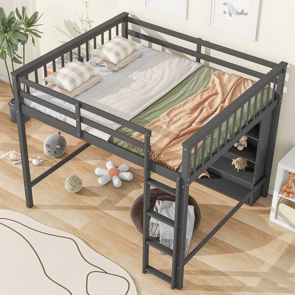 slide 2 of 11, Full Size Loft Bed with 8 Open Storage Shelves and Built-in Ladder Creative Storage Bed Frame for Kids Teens Adults, Gray Gray