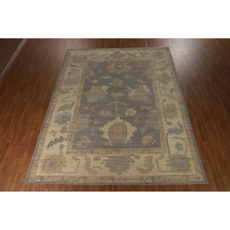 Hand Knotted Oriental 100% Wool Carpet Transitional All-Over Greys & Charcoal Oushak Area Rug - 12' 2'' X 9' 5''
