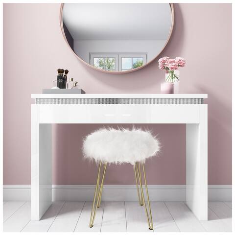 Fauxfur Foot Stool/Vanity Chair with Golden Metal Legs, Small Fuzzy Fluffy Round Ottoman Storage - 1 Pcs