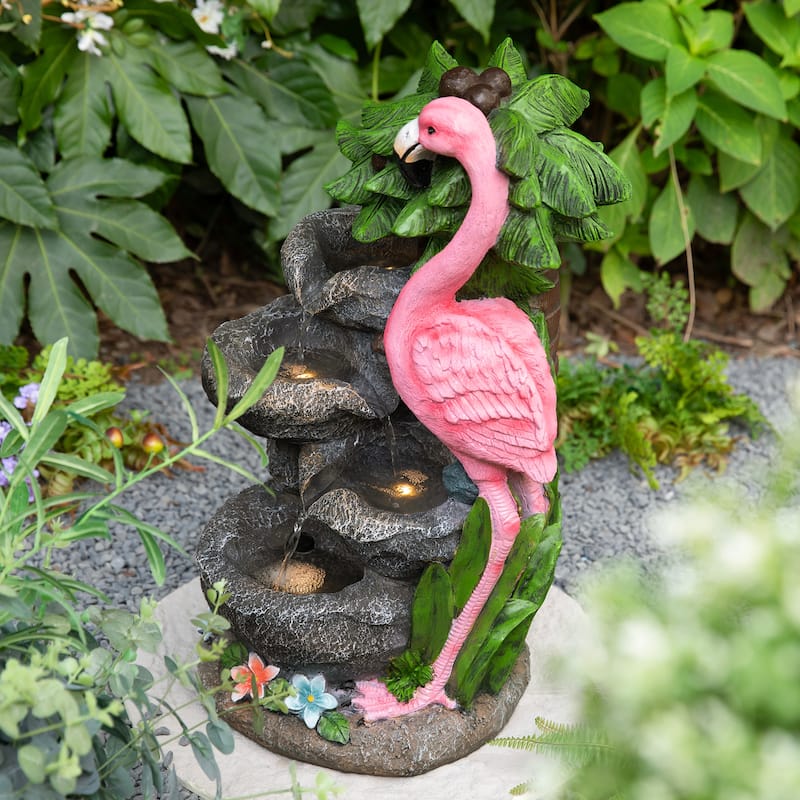 Glitzhome 23.5"H 4-Tiered Flamingo Polyresin Stone Outdoor Fountain with Lights