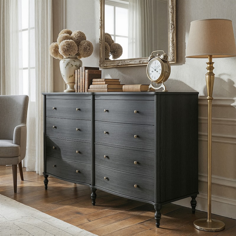 Elegant 8-Drawer Dresser with Solid Wood Legs, Vintage Curved Front Chest of Drawers for Bedroom Storage