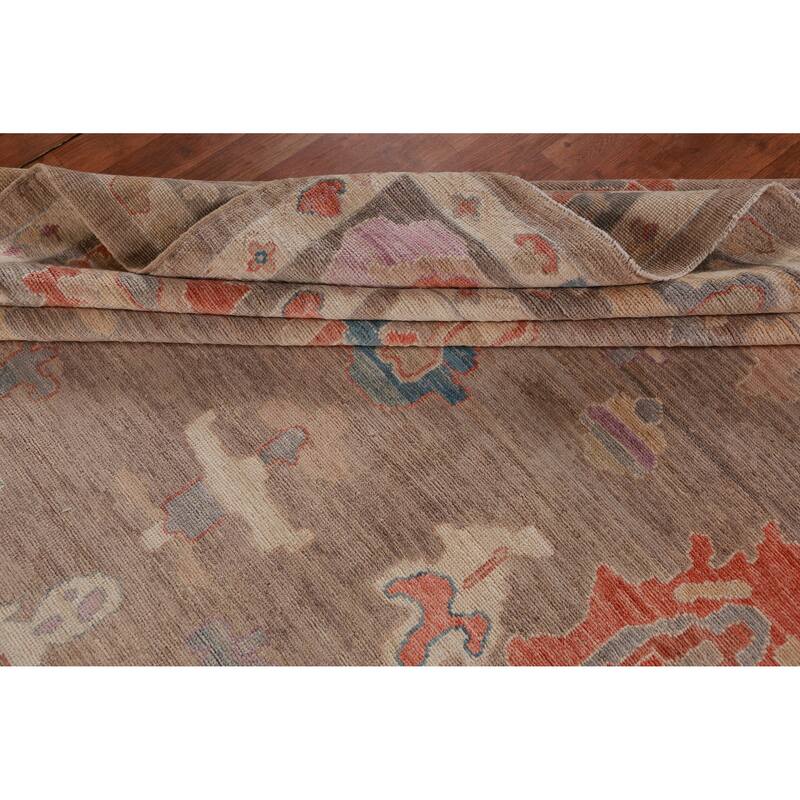 Hand Knotted Oriental 100% Wool Carpet Transitional All-Over Brown Oushak Area Rug - 12' 4'' X 9' 5''