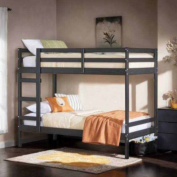 slide 2 of 7, Stylish Twin Over Twin Bunk Bed with Ladder, Simple Solid Wood Bed, Maximized Space & Safety Guaranteed, Black Black