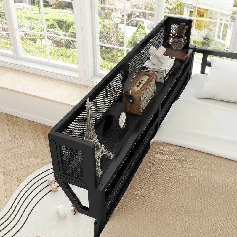 Full Size Metal Loft Bed with Ladder and Storage Shelves for Kids and Teens, Black