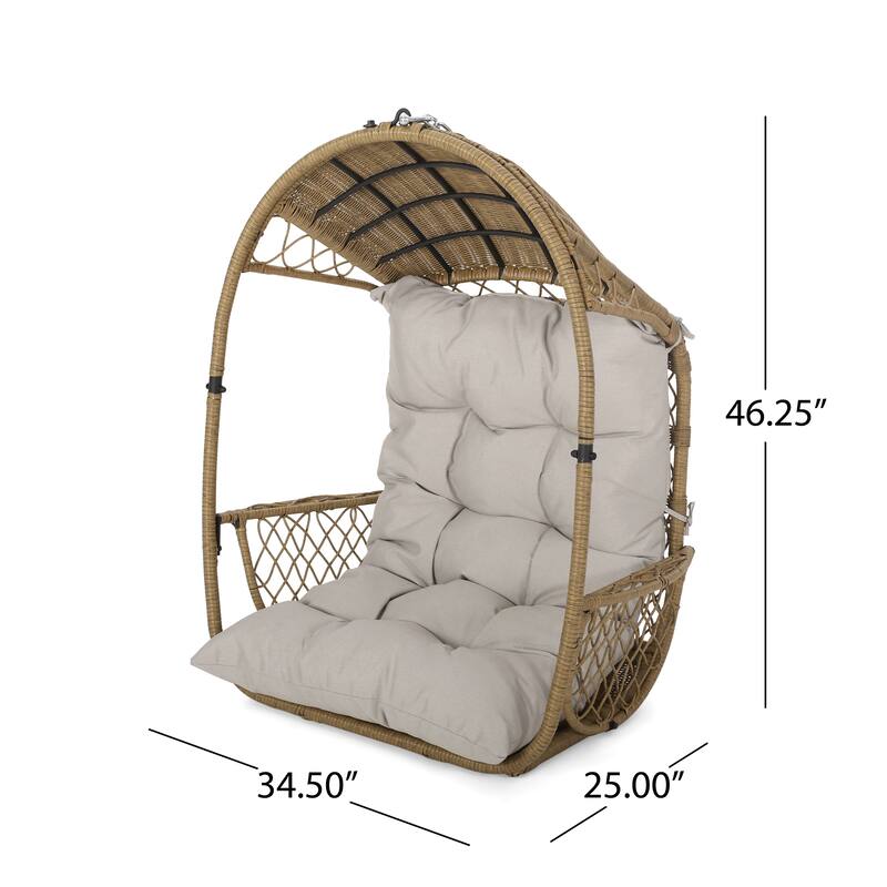 Roomfitters Outdoor Hanging Wicker Egg Chair, Teardrop Swing Seat with Soft Cushion & Steel Chain for Patio Balcony, Brown+Beige