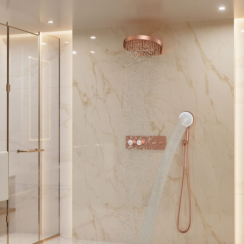 Luxury Thermostatic Shower System 5-Spray Patterns 16" Round Wall Mount Fixed and Handheld Shower Head - 15.7" x 15.7" - Brushed Rose Gold