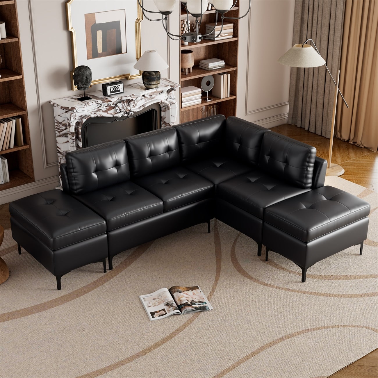 L-Shaped Corner PU Leather Sectional Sofa Couch with Storage Ottomans ...