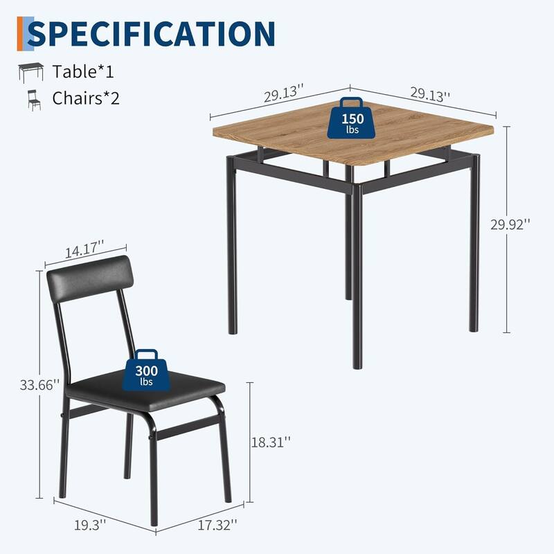 3 Piece Dining Table Set with 2 PU Upholstered Chair for Dining Room, Apartment, Studio