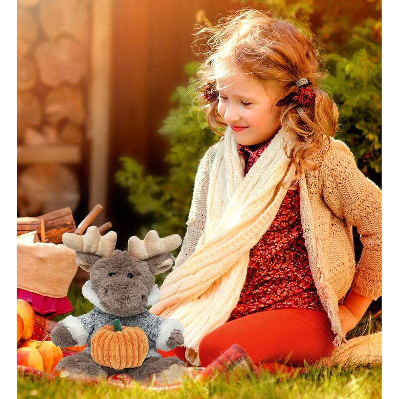 DolliBu Sitting Moose with Sweater Stuffed Animal with Pumpkin Decor - 8 inches