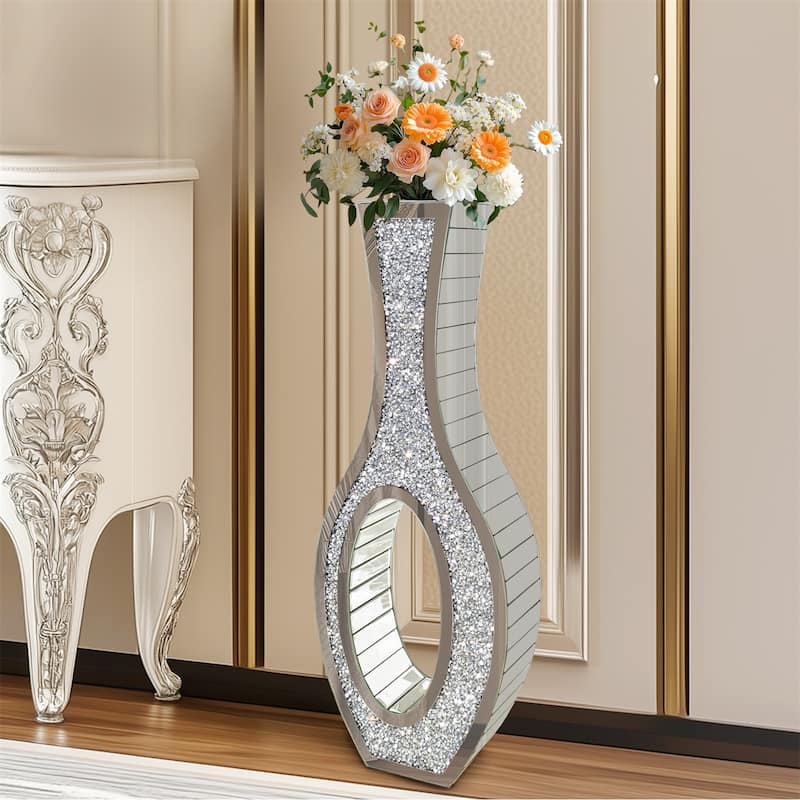 Tall Silver Mirrored Vase Decorative Crush Diamond Floor Vase Large Flower Grass Vase - Silver