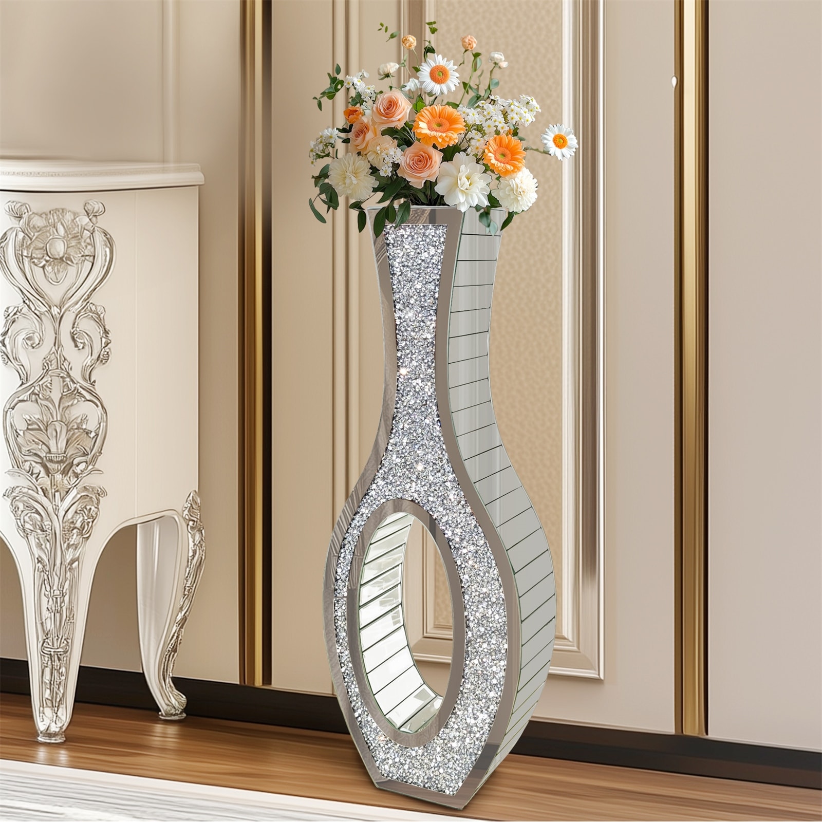 Tall Silver Mirrored Vase Decorative Crush Diamond Floor Vase Large Flower Grass Vase