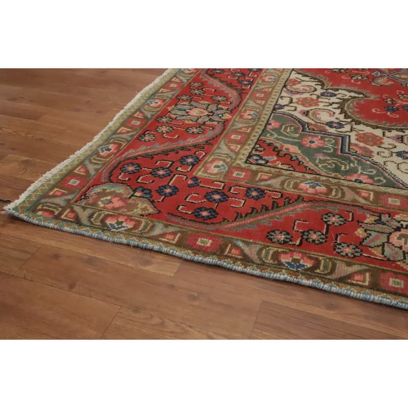 Hand Knotted Oriental 100% Wool Carpet Traditional Medallion Oranges & Rust Tabriz Area Rug - 9' 4'' X 6' 7''