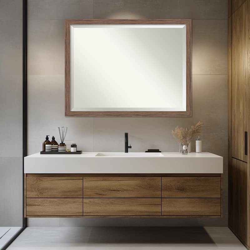 Pia Medium Brown Narrow Beveled Framed Bathroom Vanity Wall Mirror - Pia Medium Brown Narrow