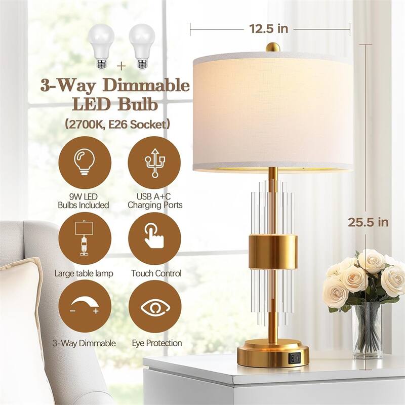 Bedside Table Golden Lamp With USB Ports,Set Of 2 With Touch Control